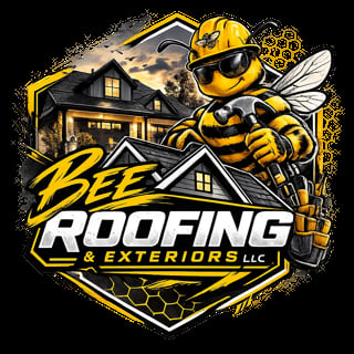 Bee Roofing and Exteriors LLC logo featuring a cartoon bee character wearing sunglasses and a hard hat next to a residential house
